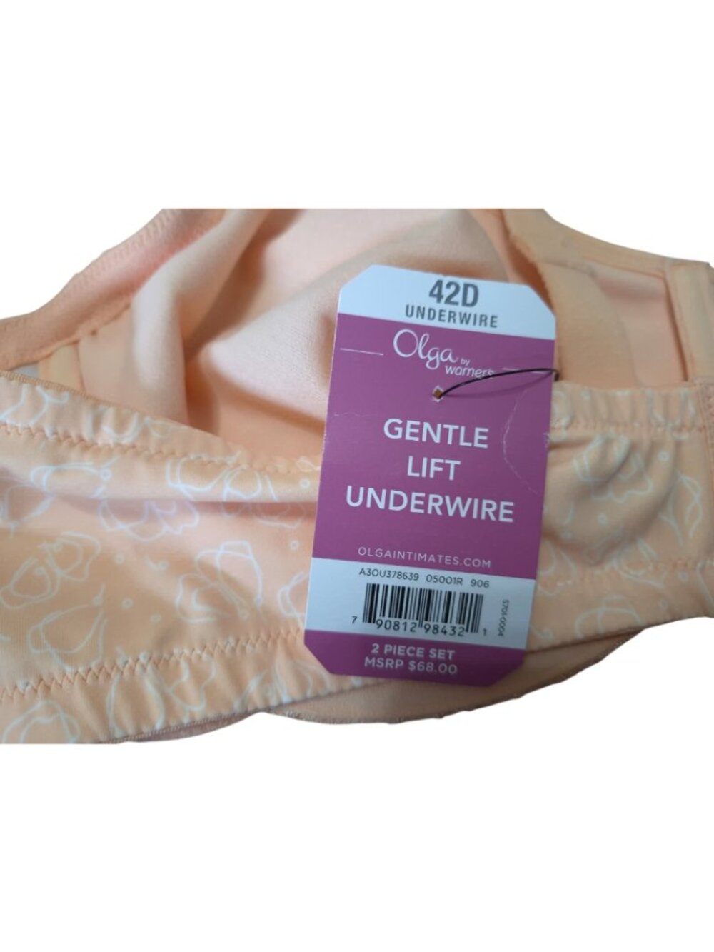 Olga By Warners Gentle Lift style Underwire Bra 42D Peach Lace Full Coverage NWT - Picture 3 of 7